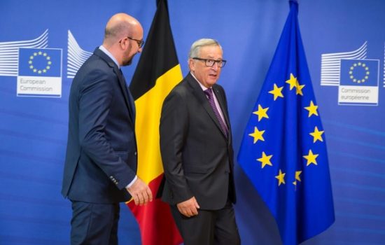 Belgian Prime Minister Charles Michel and European Commission President Luxembourg Jean-Claude Juncker (EPP) pictured before a meeting between the Belgian Prime Minister and the European Commission President, Thursday 01 September 2016, in Brussels. BELGA PHOTO AURORE BELOT